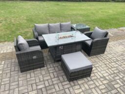 Fimous Patio Outdoor Rattan Garden Furniture Set Propane Gas Fire Pit Table Burner with Lounge Sofa Side Table Footstool in Dark Grey - thumbnail 3