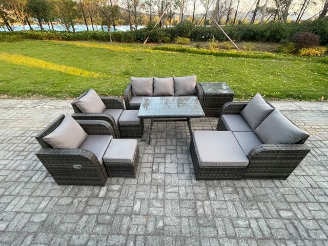 Fimous Outdoor Rattan Garden Furniture Set 10 Seater Patio Lounge Sofa Set with Dining Table 3 Footstools Side Table in Dark Grey - image 1