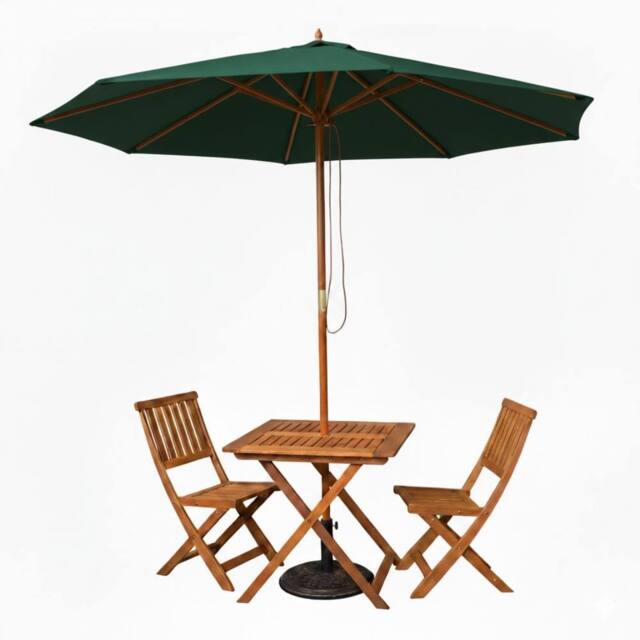 Samuel Alexander 2 Person Folding Square Dining Table Chairs Green Parasol & Base in Brown - image 1