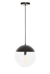 Orsina Black Finish Pendant Light With Glass Shade, Rounded Hanging Lamp With Chrome Cord, Circular Hanging Fixture
