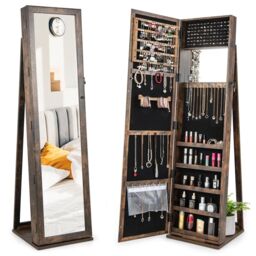 Costway 3-in-1 Jewelry Cabinet Full-Length Mirrored Jewelry Armoire Storage Organizer in Brown - thumbnail 1