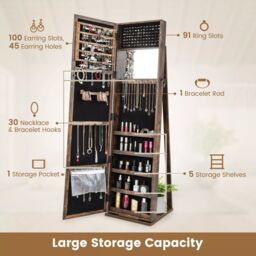 Costway 3-in-1 Jewelry Cabinet Full-Length Mirrored Jewelry Armoire Storage Organizer in Brown - thumbnail 4