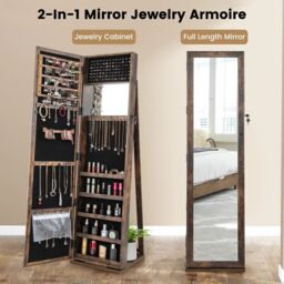 Costway 3-in-1 Jewelry Cabinet Full-Length Mirrored Jewelry Armoire Storage Organizer in Brown - thumbnail 6