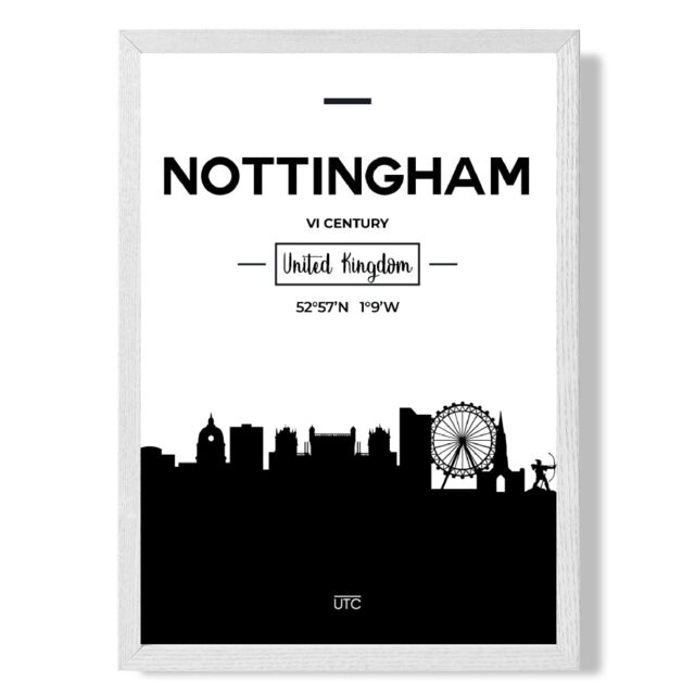 ARTZE Nottingham Black & White City Skyline Framed Print SIZE: A2 with White Frame - Size: A4 - image 1