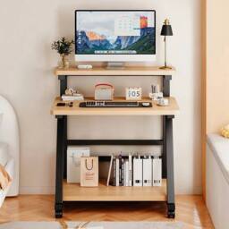 EONLION Rolling Wooden Computer Desk 3 Shelves in Brown - Size: 100 cm - thumbnail 1