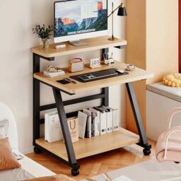 EONLION Rolling Wooden Computer Desk 3 Shelves in Brown - Size: 100 cm - thumbnail 3