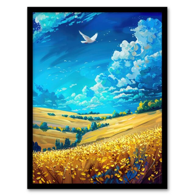 "Artery8 Golden Yellow Wheat Fields Countryside Landscape Framed Art Print in Blue - Size: W12"" x H16""" - image 1
