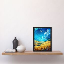 "Artery8 Golden Yellow Wheat Fields Countryside Landscape Framed Art Print in Blue - Size: W12"" x H16""" - thumbnail 4