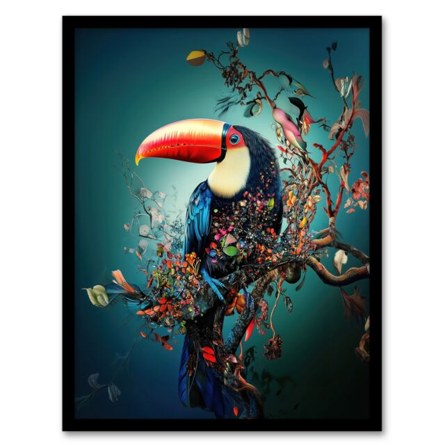 Artery8 Toucan Bird Flowering Tree Branch Surreal Fantasy Framed Art Print in Blue - Size: A4 - image 1