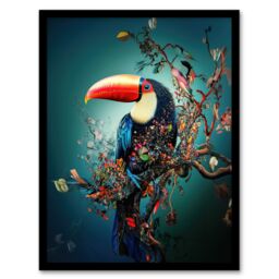 Artery8 Toucan Bird Flowering Tree Branch Surreal Fantasy Framed Art Print in Blue - Size: A4 - thumbnail 1