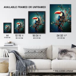 Artery8 Toucan Bird Flowering Tree Branch Surreal Fantasy Framed Art Print in Blue - Size: A4 - thumbnail 3