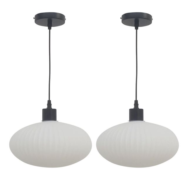 First Choice Lighting Set of 2 Baton - White Ribbed Oval Glass with Black Pendant Fittings - image 1