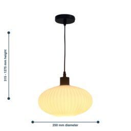 First Choice Lighting Set of 2 Baton - White Ribbed Oval Glass with Black Pendant Fittings - thumbnail 8