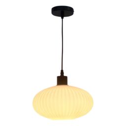 First Choice Lighting Set of 2 Baton - White Ribbed Oval Glass with Black Pendant Fittings - thumbnail 2