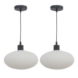 First Choice Lighting Set of 2 Baton - White Ribbed Oval Glass with Black Pendant Fittings