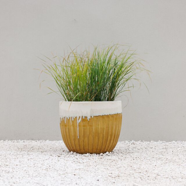 Primrose Ribbed Textured Glazed Round Patio Planter in Two Tone Yellow 45cm in Brown - image 1