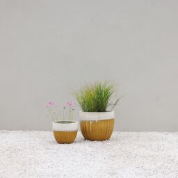 Primrose Ribbed Textured Glazed Round Patio Planter in Two Tone Yellow 45cm in Brown - thumbnail 6