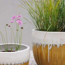 Primrose Ribbed Textured Glazed Round Patio Planter in Two Tone Yellow 45cm in Brown - thumbnail 4