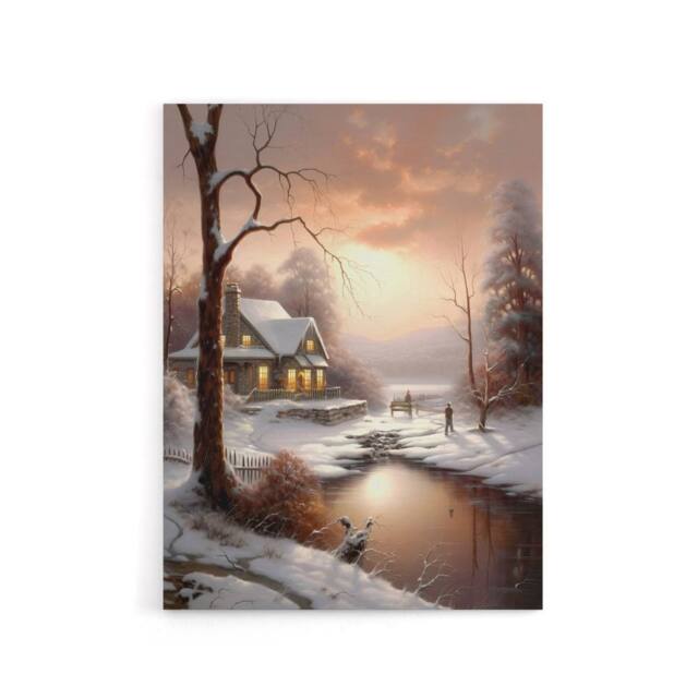 "Artery8 Winter Cottage Snowy Landscape at Sunset Canvas Wall Art Print in Brown - Size: W12"" x H16""" - image 1