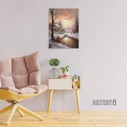 "Artery8 Winter Cottage Snowy Landscape at Sunset Canvas Wall Art Print in Brown - Size: W12"" x H16""" - thumbnail 3