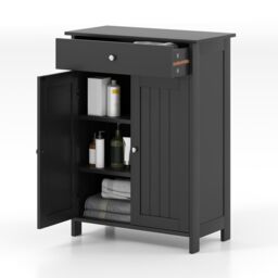Gymax Bathroom Floor Cabinet Freestanding Storage Organizer With 2 Doors in Black