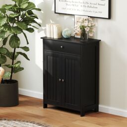 Gymax Bathroom Floor Cabinet Freestanding Storage Organizer With 2 Doors in Black - thumbnail 9