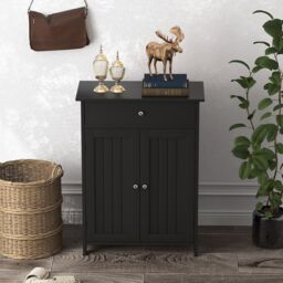 Gymax Bathroom Floor Cabinet Freestanding Storage Organizer With 2 Doors in Black - thumbnail 7
