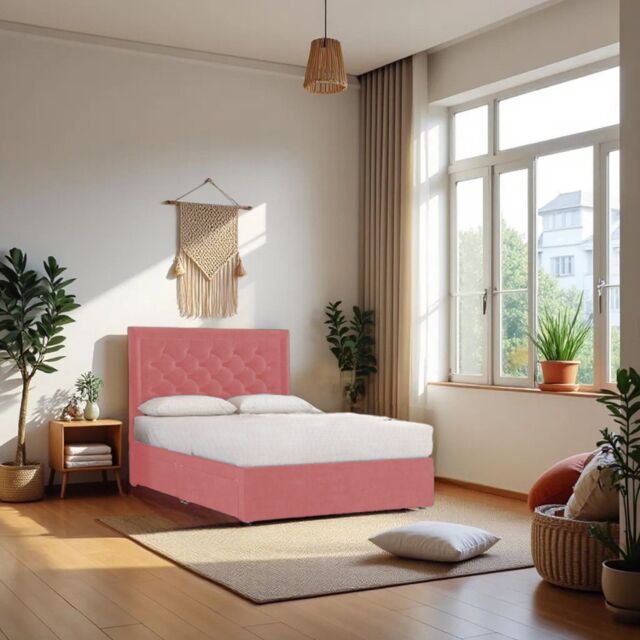 "Knight Sleep Ellis Plush Bed Set With Mattress, 2 Drawers Same Side & 24""Headboard in Pink - Size: Small Single" - image 1
