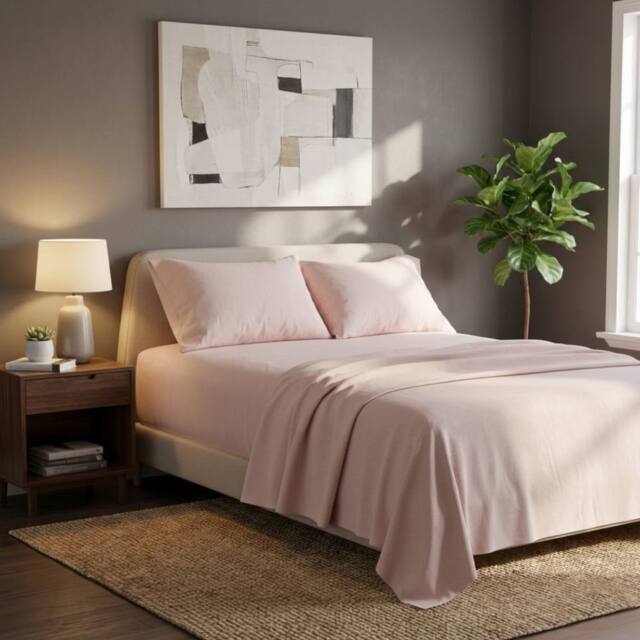 Snug City Soft Plain Brushed Cotton Fitted Flat Sheet Matching Pillowcases Set in Pink - Size: Single - image 1