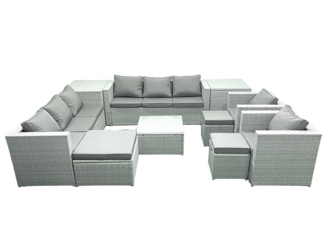 Fimous Outdoor Rattan Sofa Garden Furniture Set with 2 Armchairs Square Coffee Table 3 Footstools 2 Side Tables Light Grey Mixed - image 1