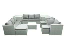Fimous Outdoor Rattan Sofa Garden Furniture Set with 2 Armchairs Square Coffee Table 3 Footstools 2 Side Tables Light Grey Mixed - thumbnail 2