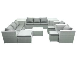 Fimous Outdoor Rattan Sofa Garden Furniture Set with 2 Armchairs Square Coffee Table 3 Footstools 2 Side Tables Light Grey Mixed - thumbnail 1