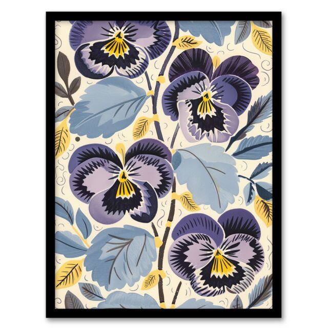 "Artery8 Purple Pansy Flowers Painting Wildflowers Floral Framed Art Print - Size: W12"" x H16""" - image 1