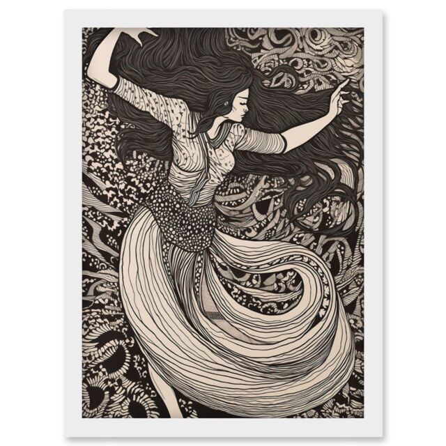 Artery8 Long Haired Woman Dancing to Music in Boho Dress Artwork Framed Wall Art Print A4 in White - image 1