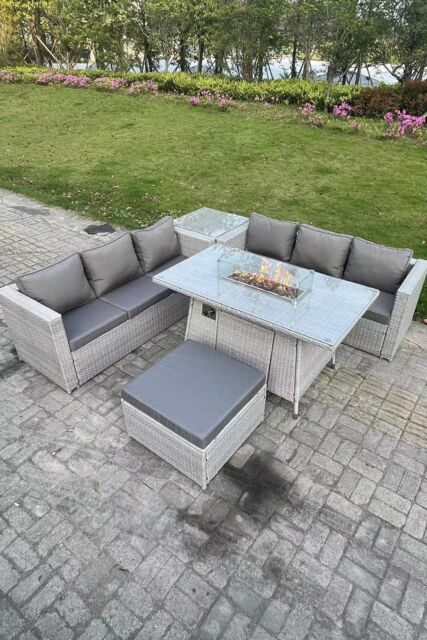 Fimous Corner Rattan Fire Pit Gas Heater Burner Lounge Sofa With Side Coffee Table Big Footstool in Light Grey - image 1
