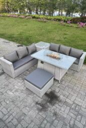 Fimous Corner Rattan Fire Pit Gas Heater Burner Lounge Sofa With Side Coffee Table Big Footstool in Light Grey - thumbnail 1