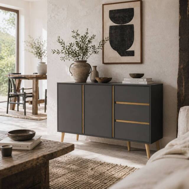 Wyld Haus Sola Vela Dark Grey Sideboard 2 Doors 3 Drawers Adjustable Shelves - image 1
