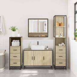 Berkfield Home Durable 4¬†Piece Bathroom Furniture Set¬†Sonoma Oak Engineered Wood in Light Brown - thumbnail 4