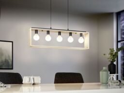 Loops Hanging Ceiling Pendant Light Black & Natural Wood 5x 40W E27 Kitchen Island - thumbnail 3