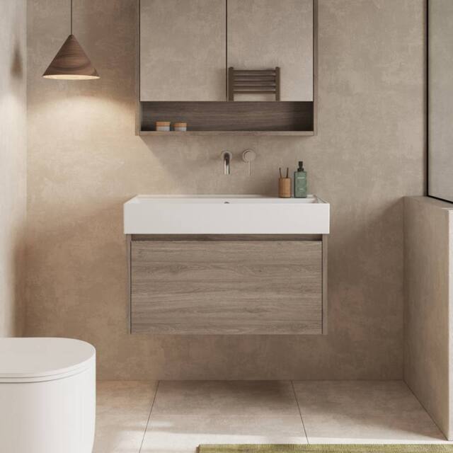 Banyetti Mino 800mm Wall Hung Vanity Unit with Veneto 0TH Basin-Nebraska Oak in Dark Brown - image 1