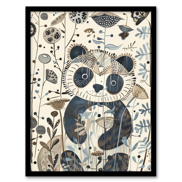 "Artery8 Cute Smiling Baby Panda in Wildflower Garden Framed Art Print in Beige - Size: W12"" x H16""" - image 1