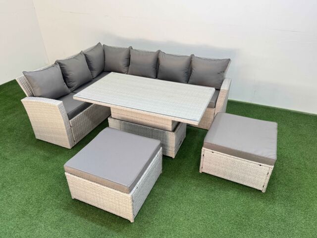 Fimous 8 Seat Garden Furniture Corner Sofa with Armchair 2 Big Footstools in Light Grey - image 1