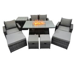 Fimous Outdoor Love Sofa Set 8 Seat & Gas Firpit Table 4 Stools Side Table in Dark Grey - thumbnail 1
