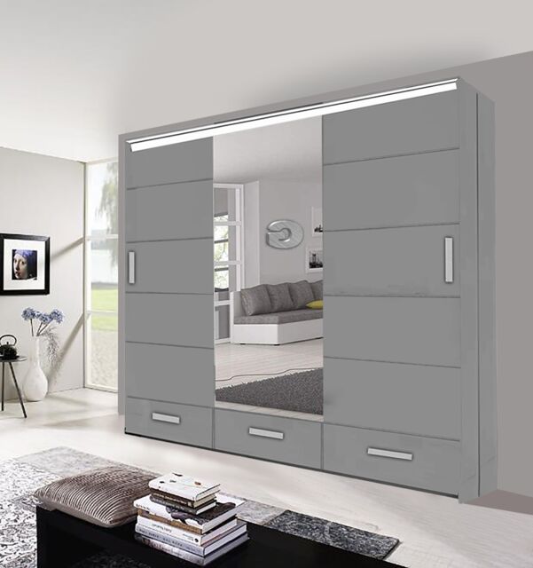 OLYMPIA FURNITURE Florence 256cm High Gloss Mirror Door Wardrobe With Hanging Rails, Shelves & Free LED Light in Grey - image 1