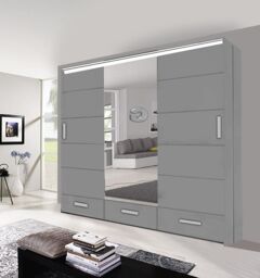 OLYMPIA FURNITURE Florence 256cm High Gloss Mirror Door Wardrobe With Hanging Rails, Shelves & Free LED Light in Grey - thumbnail 1