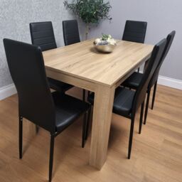 KOSY KOALA Oak Effect Dining Table Set With 6 Black Faux Leather Chairs Dining Room Furniture in Brown - thumbnail 1