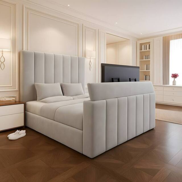 PARADISE BEDS LTD Velvet Upholstered Elegant Ease TV Bed Set in Off-White - Size: King - image 1