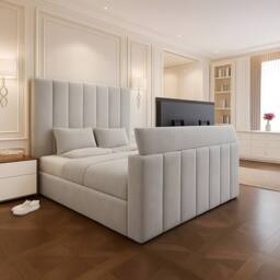 PARADISE BEDS LTD Velvet Upholstered Elegant Ease TV Bed Set in Off-White - Size: King - thumbnail 1
