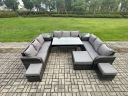 Fimous Patio Rattan Garden Furniture Set with Oblong Rectangular Dining Table 3 Footstools 2 Side Table 12 Seater Outdoor Lounge Sofa Set in Dark Grey - thumbnail 1