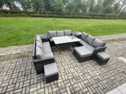 Fimous Patio Rattan Garden Furniture Set with Oblong Rectangular Dining Table 3 Footstools 2 Side Table 12 Seater Outdoor Lounge Sofa Set in Dark Grey - thumbnail 2
